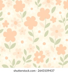 A seamless floral pattern displays a soft arrangement of blue and peach flowers with minimal green leaves, perfect for elegant and modern fabric designs.