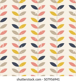 Seamless floral pattern with distressed look twigs and leaves in retro pastel colors - pink, gray, blue and yellow on beige background. Scandinavian style design. EPS 8 stock vector.