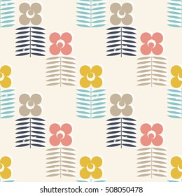 Seamless floral pattern with distressed look flowers and leaves in retro pastel colors - pink, gray, blue and yellow on beige background. Scandinavian style design. EPS 8 stock vector.