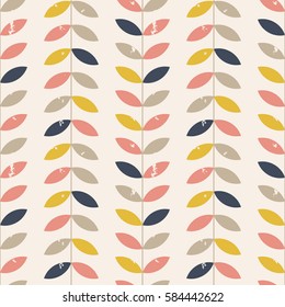 Seamless floral pattern with distressed look twigs and leaves in retro pastel colors - pink, gray, blue and yellow on beige background. Scandinavian style design. EPS 8 stock vector.

