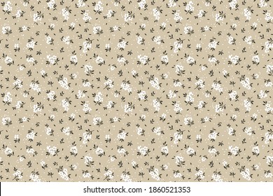 Seamless floral pattern. Ditsy background of small white flowers and black leaves. Small-scale flowers scattered over a beige background. Stock vector for printing on surfaces and web design.