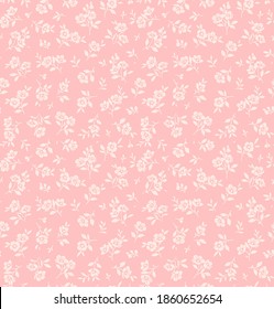 Seamless floral pattern. Ditsy background of small white flowers and white leaves. Small-scale flowers scattered over a pink background. Stock vector for printing on surfaces and web design.