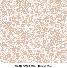 Seamless floral pattern. Ditsy background of small beige flowers and leaves. Small-scale flowers scattered over a white background. Stock vector for printing on surfaces and web design.