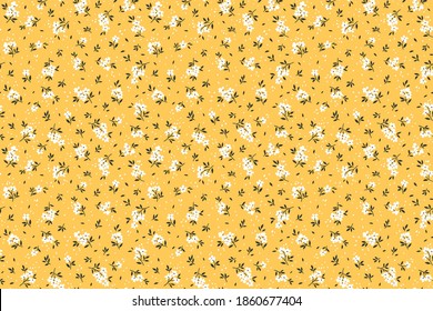 Seamless floral pattern. Ditsy background of small white flowers and black leaves. Small-scale flowers scattered over a yellow background. Stock vector for printing on surfaces and web design.