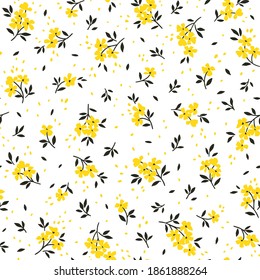 Seamless floral pattern. Ditsy background of small yellow flowers and black leaves. Small-scale flowers scattered over a white background. Stock vector for printing on surfaces and web design.