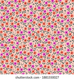 Seamless floral pattern. Ditsy background of small orange and pink flowers. Small flowers scattered over a beige background. Stock vector for printing on surfaces and web design.