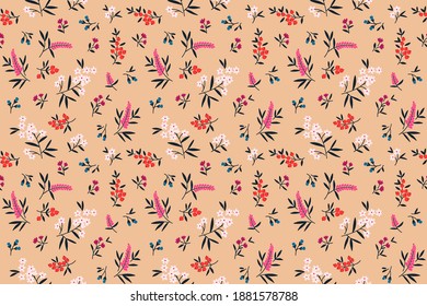 Seamless floral pattern. Ditsy background of small white and red flowers and black leaves. Small-scale flowers scattered over a coral background. Stock vector for printing on surfaces and web design.