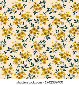 Seamless floral pattern. Ditsy background of small old gold flowers and dark green leaves. Small-scale flowers scattered over a white background. Stock vector for printing on surfaces and web design.