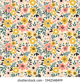 Seamless floral pattern. Ditsy background of small yellow and coral flowers. Small-scale flowers scattered over a ecru background. Stock vector for printing on surfaces and web design.