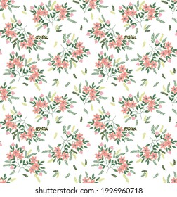Seamless floral pattern. Ditsy background of small pink flowers. Small-scale flowers scattered over a white background. Stock vector for printing on surfaces and web design.
