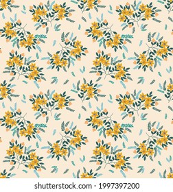 Seamless floral pattern. Ditsy background of small yellow gold   flowers. Small-scale flowers scattered over a white background. Stock vector for printing on surfaces and web design.