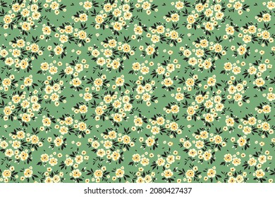 Seamless floral pattern. Ditsy background of small white flowers. Vector pattern. Elegant template for fashion prints. Green gray background. Summer and spring motifs.