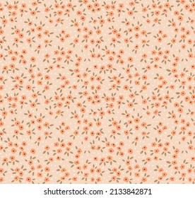 Seamless floral pattern. Ditsy background of small orange flowers. Small-scale flowers scattered over a light pink coral background. Stock vector for printing on surfaces and web design.