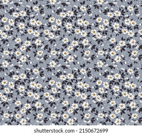 Seamless floral pattern. Ditsy background of small white flowers and dark blue leaves. Small flowers scattered over a gray blue background. Stock vector for printing on surfaces and web design. 