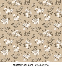 Seamless floral pattern. Ditsy background of small white flowers. Vector pattern. Elegant template for fashion prints. Gray brown background. Summer and spring motifs.