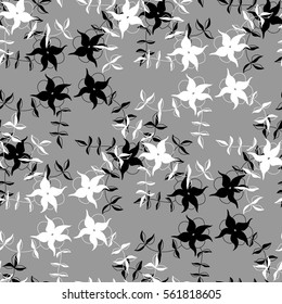Seamless Floral Pattern. Ditsy Black and White Texture with Silhouettes of Flowers on Contrast Background. Monochrome Design for Textile, Wallpaper, Fabric, Interior