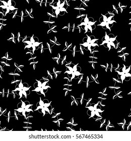 Seamless Floral Pattern. Ditsy Black and White Texture with Silhouettes of Flowers on Contrast Background. Monochrome Design for Textile, Wallpaper, Fabric, Interior