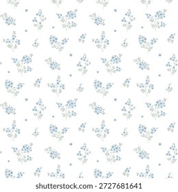 nahtloses Blütenmuster, diffiziles Blumen-Stoffmuster, Stoffdruck in elegantem Stil auf weißem Hintergrund, zeitlose Blüte, kleine weiche diffiziles Blüte. Oberflächendesign für Heimtextilien, Tapetenmuster, Stoff, Mode