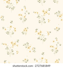 nahtloses Blütenmuster, diffiziles Blumen-Stoffmuster, Stoffdruck in elegantem Stil auf hellem Hintergrund, zeitlose Blume, kleine weiche diffiziles Blume. Oberflächendesign für Heimtextilien, Tapetenmuster, Stoff, Mode