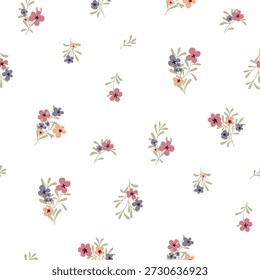 nahtloses Blumenmuster, diffiges Blumen-Stoffmuster, kleiner Stoffdruck in elegantem Stil auf weißem Hintergrund, zeitlose Blume, weiche diffige Blume. Oberflächendesign für Heimtextilien, Tapetenmuster, Stoff, Mode. Vektorgrafik