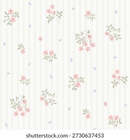padrão floral sem costura, padrão têxtil de flor ditsy, impressão de tecido pequeno em estilo elegante no plano de fundo de listras, floral atemporal, sage flor ditsy verde. design de superfície para casa têxtil, padrão de papel de parede, tecido, moda. Vetor