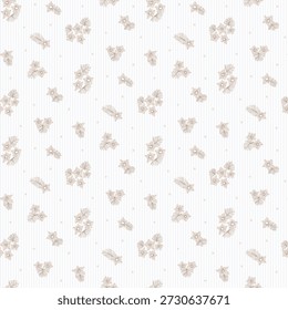 nahtloses florales Muster, vereinzeltes Blumen-Stoffmuster, kleiner Stoffdruck in elegantem Stil auf Streifenhintergrund, zeitlose Blume, weiche vereinzelte Blume. Oberflächendesign für Heimtextilien, Tapetenmuster, Stoff, Mode. Vektorgrafik