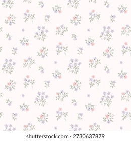 padrão floral sem costura, padrão têxtil de flor ditsy, impressão de tecido pequeno em estilo elegante no fundo rosa, floral atemporal, flor ditsy macia. design de superfície para casa têxtil, padrão de papel de parede, tecido, moda. Vetor