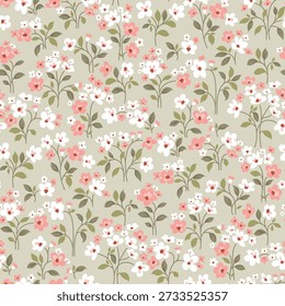 seamless floral pattern, ditsy flower textile pattern, small fabric print in elegant style on sage green background, timeless floral, soft ditsy flower. surface design for home textile, wallpaper pattern, fabric, fashion. Vector