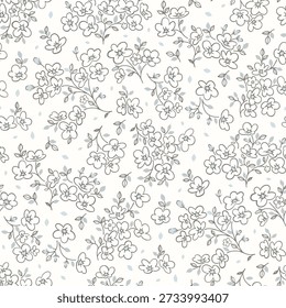 Seamless floral pattern, ditsy floral, flower fabric print in vintage monochrome style on light background, timeless floral, small soft flower. Surface design for home textile, wallpaper pattern, fabric, fashion
