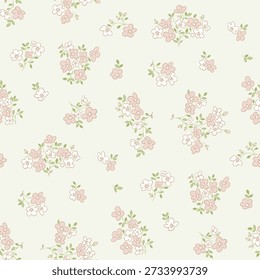 Seamless floral pattern, ditsy floral, flower fabric print in vintage liberty style on sage green background, timeless floral, small soft flower. Surface design for home textile, wallpaper pattern, fabric, fashion
