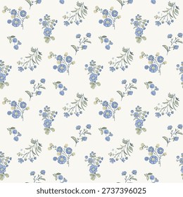 Seamless floral pattern, ditsy flower pattern, fabric print in elegant style on light background, blue timeless floral, small soft ditsy flower. Surface design for home textile, wallpaper pattern, fabric, fashion. Vector