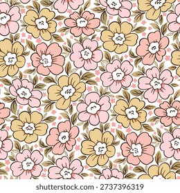 Seamless floral pattern, ditsy flower pattern, fabric print in Liberty style on white background, timeless floral, small soft ditsy flower. Surface design for home textile, wallpaper pattern, fabric, fashion. Hand drawn Vector.
