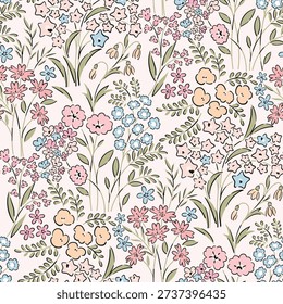Seamless floral pattern, ditsy flower pattern, fabric print in vintage style on light beige background, timeless floral, small ditsy flower. Surface design for home textile, wallpaper pattern, fabric, fashion. Hand drawn vector