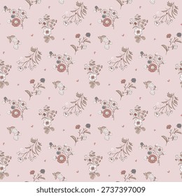 Seamless floral pattern, ditsy flower pattern, fabric print in elegant style on mud pink background, timeless floral, small soft ditsy flower. Surface design for home textile, wallpaper pattern, fabric, fashion. Hand drawn vector.