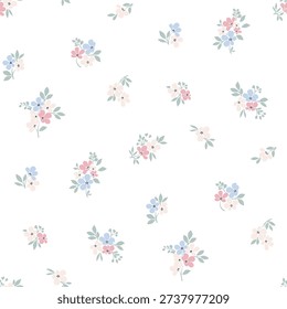 Seamless floral pattern, ditsy floral, flower fabric print in vintage liberty style on white background, timeless floral, small soft flower. Surface design for home textile, wallpaper pattern, fabric, fashion