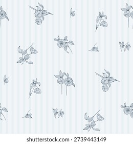 Seamless floral pattern, ditsy floral, flower fabric print in vintage style on stripe background, timeless floral, small soft flower. Surface design for home textile, wallpaper pattern, fabric, fashion