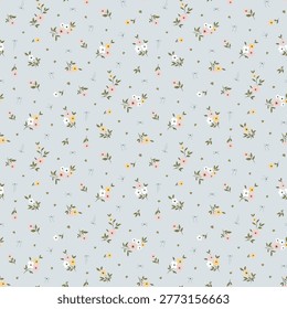 Seamless floral pattern, ditsy flower pattern, fabric print in cute style on stripe background, spring background floral, small soft ditsy flower. Surface design for home textile, wallpaper pattern, fabric, fashion. Vector