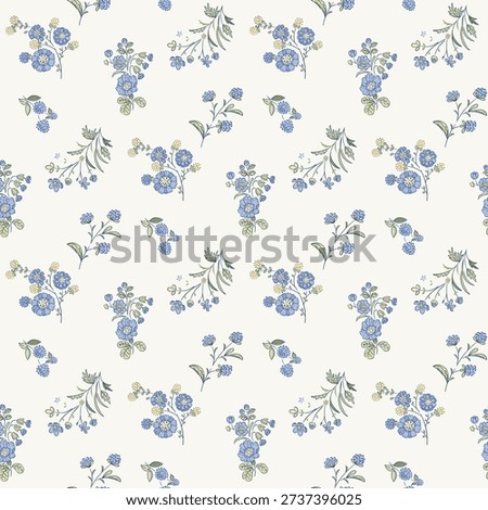 Seamless floral pattern, ditsy flower pattern, fabric print in elegant style on light background, blue timeless floral, small soft ditsy flower. Surface design for home textile, wallpaper pattern, fabric, fashion. Vector