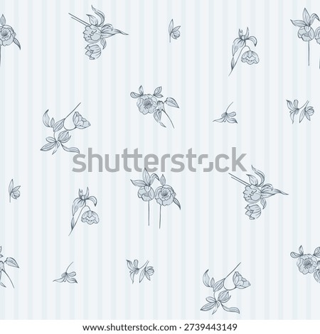 Seamless floral pattern, ditsy floral, flower fabric print in vintage style on stripe background, timeless floral, small soft flower. Surface design for home textile, wallpaper pattern, fabric, fashion