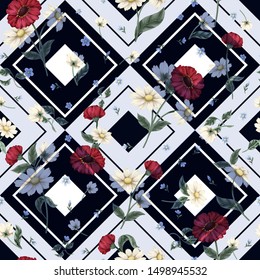 Seamless floral pattern with ditsy flowers and geometrical ornament. Vector.