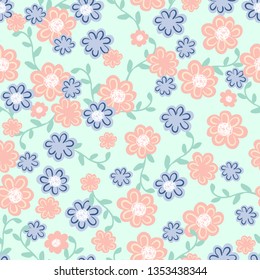 Seamless floral pattern with ditsy modern hand drawn flowers for spring and summer products, fabric, wrapping, clothing, baby and nursery, kids designs