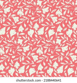 Seamless floral pattern, ditsy print with rustic motifs. Decorative botanical background with small textured plants, white hand drawn flowers, leaves on a red surface. Vector.