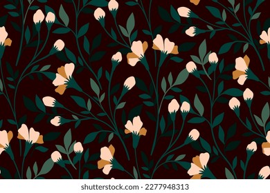 Nahtlose Blumenmuster, düster Druck mit kleinen Blumen auf den Ästen. Schönes botanisches Design mit handgezeichneten Wildpflanzen: kleine Blumen, Blätter, Zweige auf dunklem Hintergrund. Vektorgrafik.