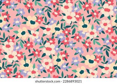 Seamless floral pattern, ditsy print in liberty style. Cute botanical design for fabric, paper with spring meadow: small hand drawn flowers, leaves on a light pink background. Vector illustration.