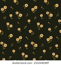 Seamless floral pattern, ditsy print, folk style ornament with tiny decorative plant. Cute design for fabric, paper with autumn botany: small hand drawn flowers, leaves on brown. Vector illustration.