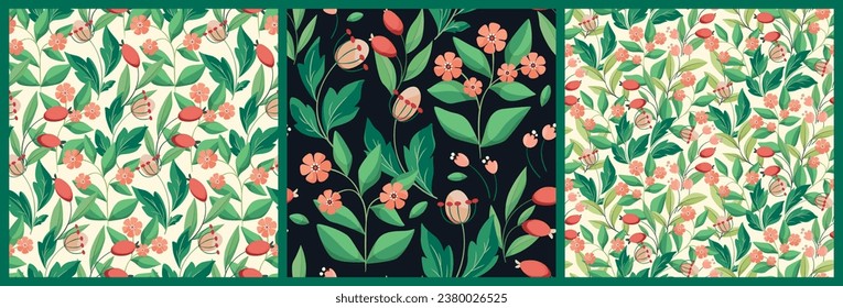 Seamless floral pattern, ditsy print with wild plants in the collection. Botanical design with a folk motif: small hand drawn flowers, leaves, green foliage, berries in an abstract composition. Vector