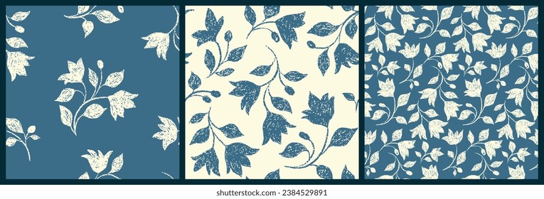 Seamless floral pattern, ditsy print with textured plants in the collection. Botanical design, folk ornament in two colors: hand drawn flowers branches in an abstract composition. Vector illustration.