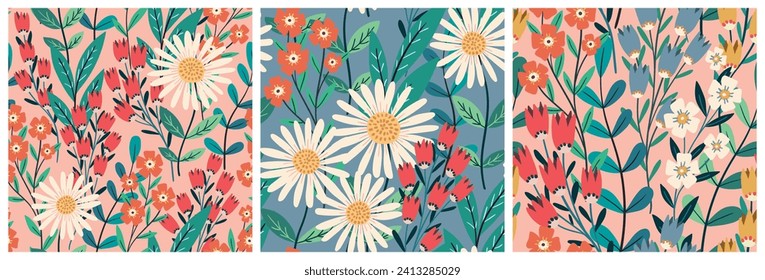 Seamless floral pattern, ditsy print collection in cute kids style. Pretty botanical wallpaper, textiles design: large hand drawn chamomiles, small flowers, leaves in an abstract composition. Vector.