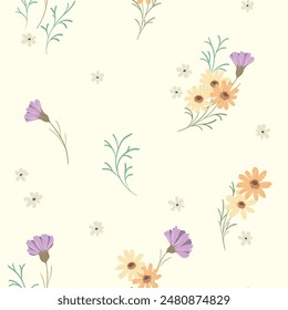 Seamless floral pattern, ditsy print, simple abstract ornament of wild plants. Cute botanical wallpaper, textile design: large hand drawn flowers, daisies, small leaves on a white. Vector illustration