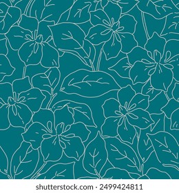 Seamless floral pattern, ditsy print, abstract flower ornament of minimal line art plants. Elegant botanical surface design: outlines of lily flowers, leaves on blue background. Vector illustration.